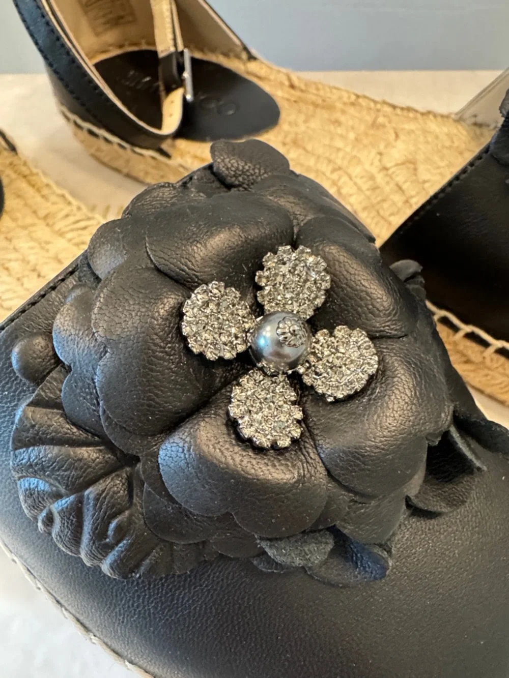 Jimmy Choo Black Leather Floral Espadrille Sandals with Crystal Detail EUR 41